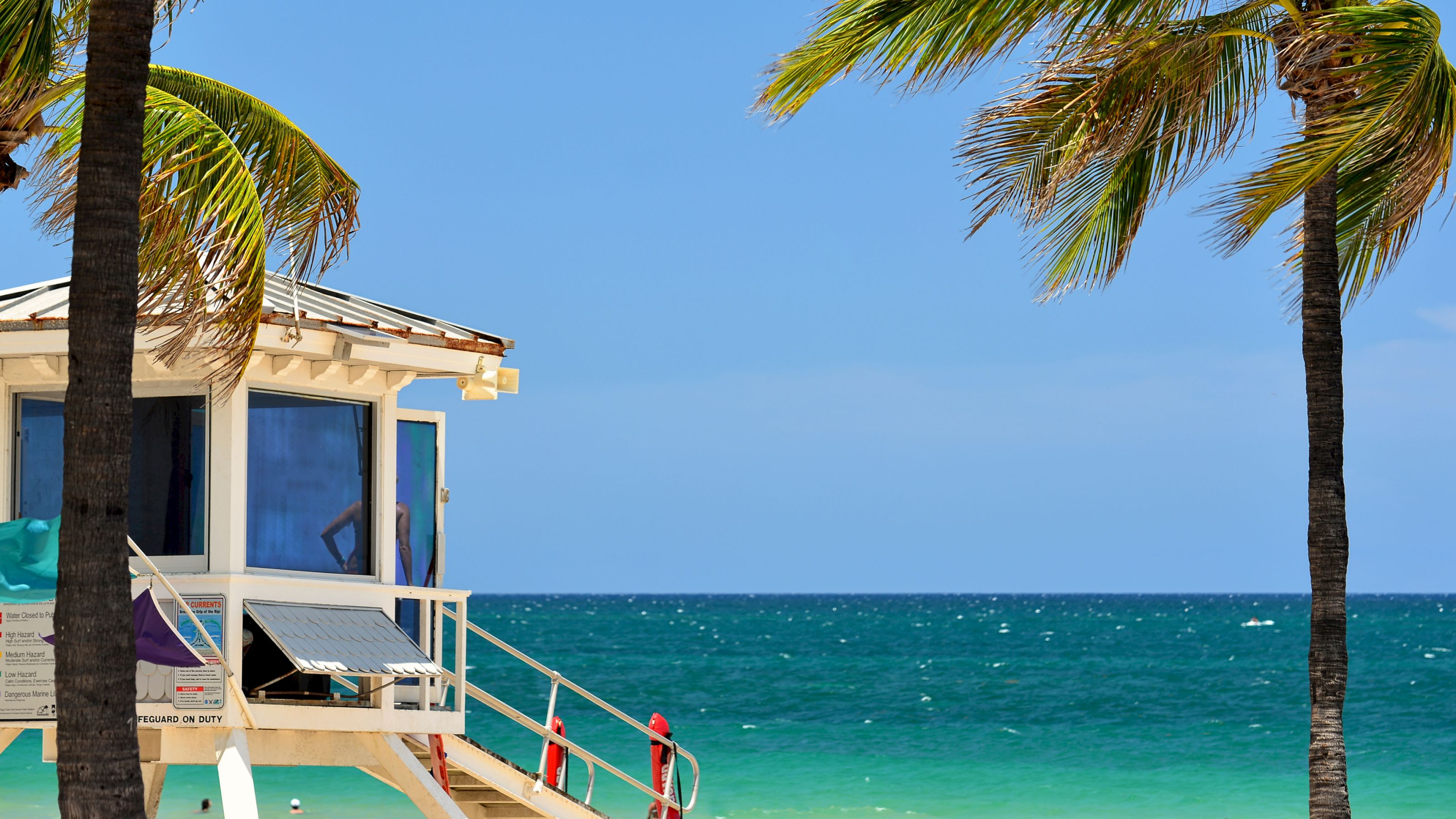 A white lifeguard station on a beach with palm trees and ocean view