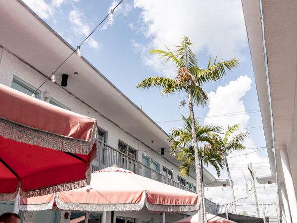 The image shows a courtyard with red umbrellas, a white building, palm trees, and string lights under a partly cloudy sky.