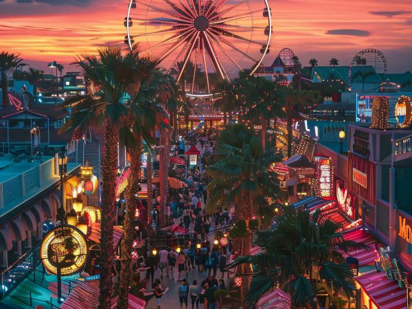 A vibrant amusement park scene at sunset, featuring a large Ferris wheel, colorful lights, and crowds of people enjoying the atmosphere.