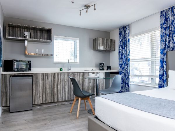 Modern hotel-style studio with kitchenette, minibar, microwave, sink, and small fridge. Cozy bed, desk chair, and blue patterned curtains.