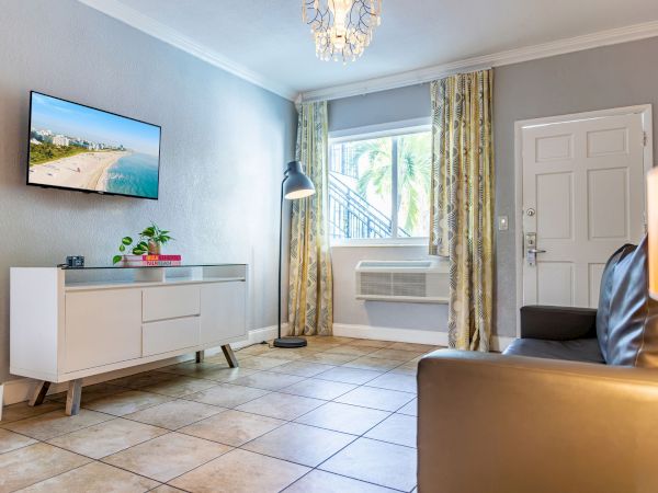 A bright living room with a wall-mounted TV, white cabinet, indoor plants, a standing lamp, tiled floor, and a window with patterned curtains by a door.