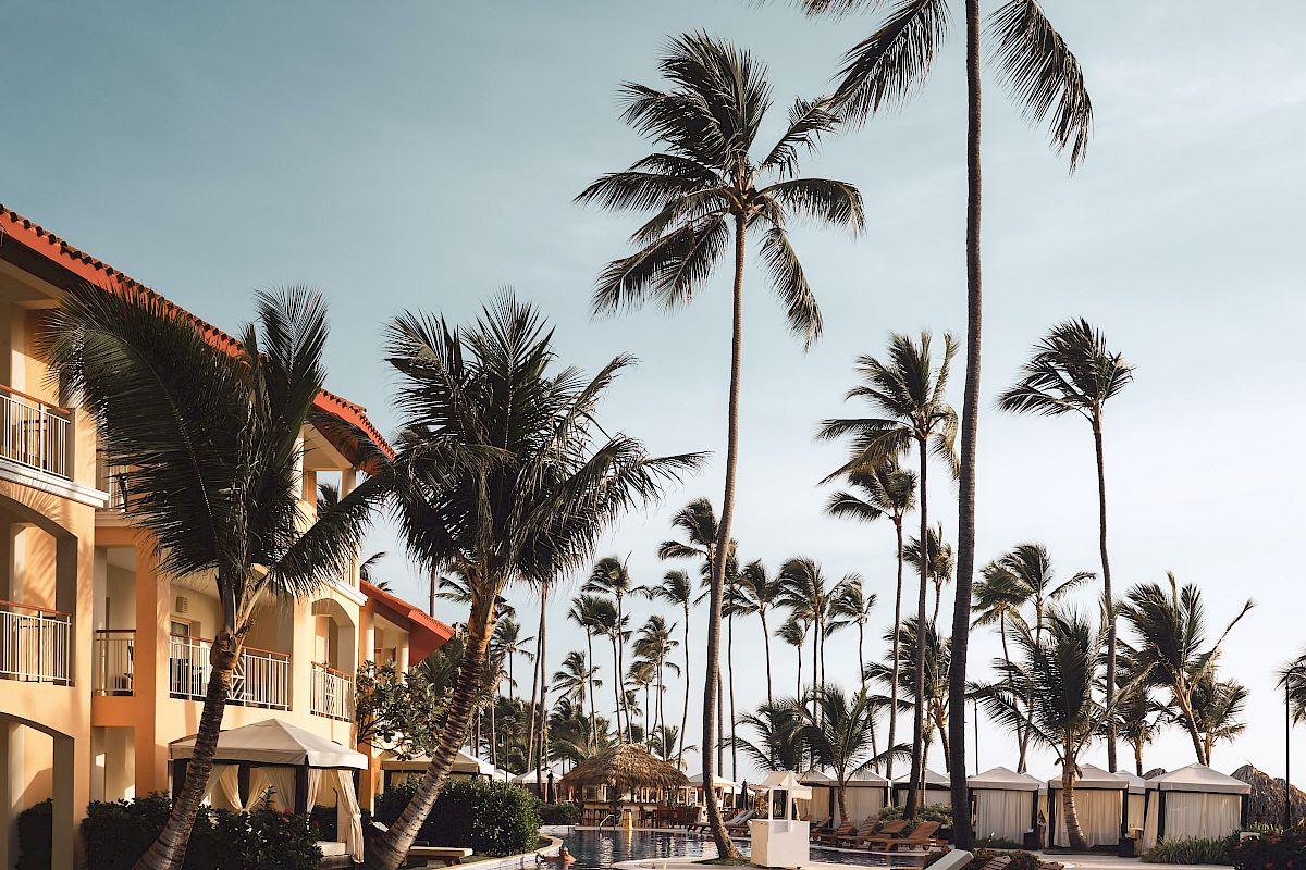 A tropical resort scene with palm trees, a pool, lounge chairs, and a building in the background under a clear sky.